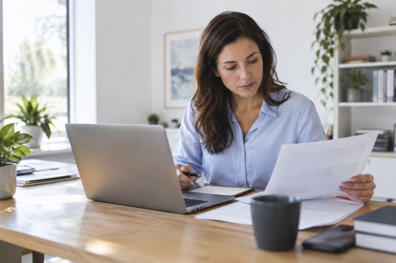 An analyst reviewing documents beside her laptop
