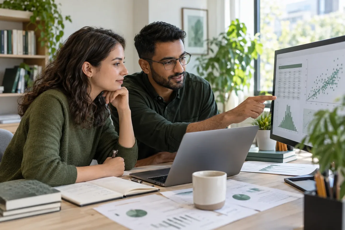 AI-generated illustration of researchers reviewing tables and statistical plots together