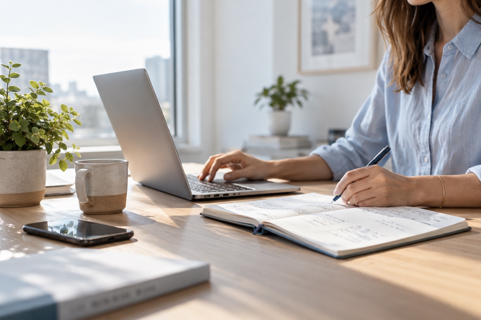 Hands working with a notebook and laptop in a bright office