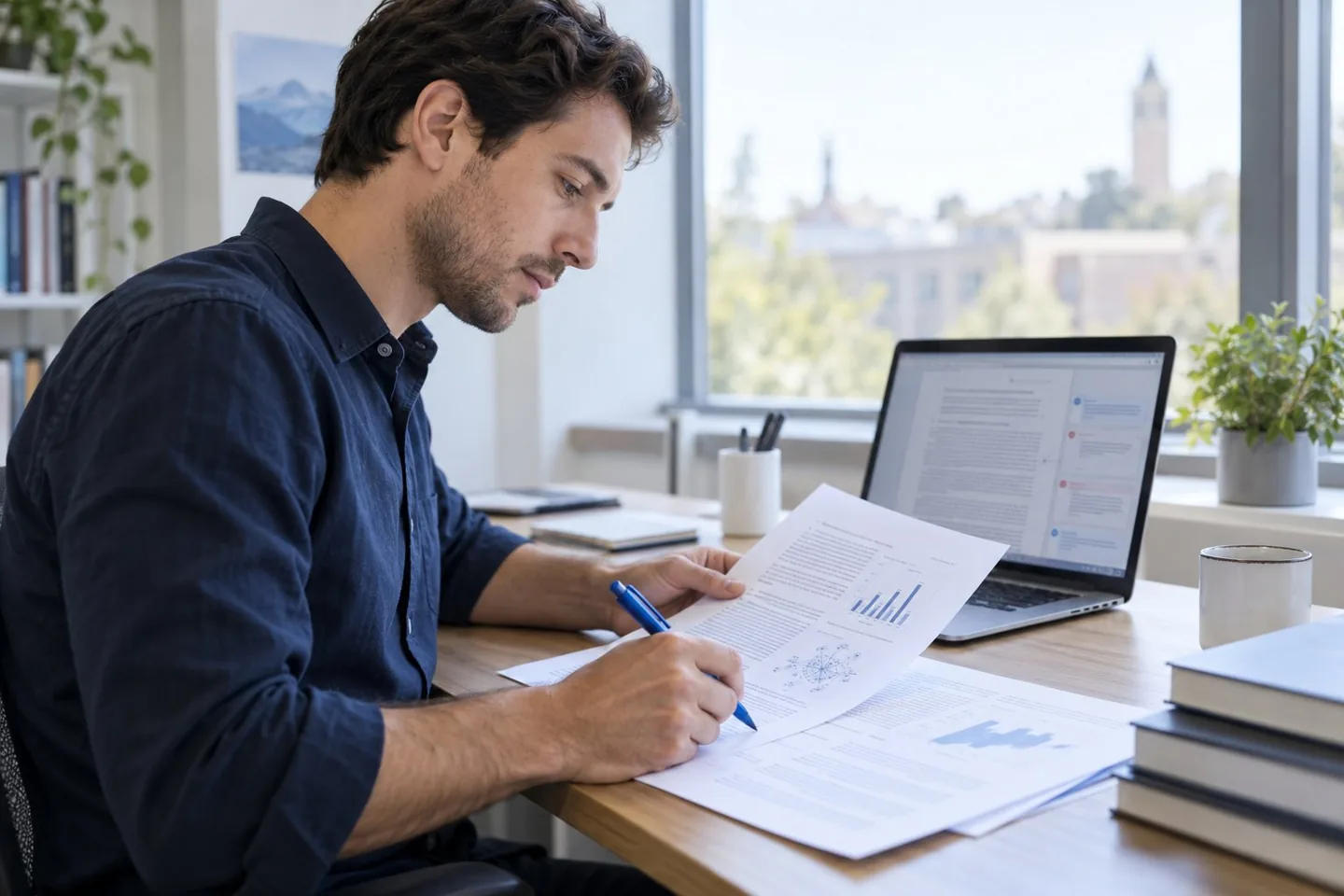 Illustrative researcher annotating a scientific manuscript beside a laptop showing review comments