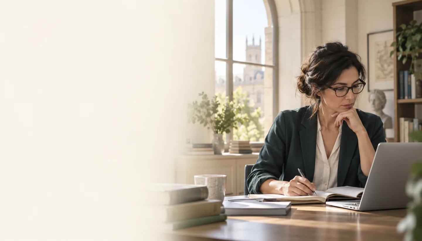 Illustrative researcher reviewing papers and making notes at a laptop